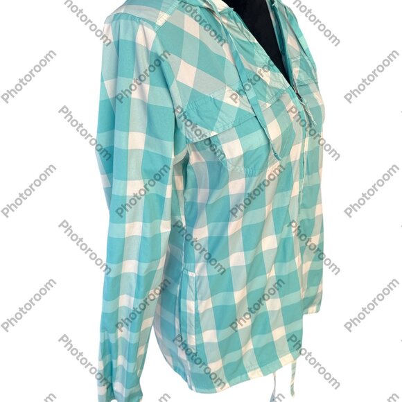 Patagonia Medium Blue & White Checked Zip Long Sleeve Hooded Windbreaker - Picture 2 of 5